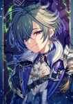  1boy aqua_eyes aqua_hair black_jacket blue_jacket chiyu_(silverxxxx) closed_mouth earrings genshin_impact grey_vest highres jacket jewelry lohen_(genshin_impact) long_sleeves male_focus mole mole_under_eye multicolored_eyes multicolored_jacket pink_eyes shirt smile solo tassel vest white_shirt 