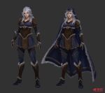  1girl armor arms_at_sides ashe_(league_of_legends) black_bodysuit black_gloves blue_cape blue_eyes blue_shoes blue_skirt bodysuit boots breasts cape cloak closed_mouth commentary concept_art copyright_logo copyright_name english_commentary full_body fur-trimmed_cloak fur_trim gloves greaves grey_background grey_hair highres hood hood_up hooded_cape league_of_legends lips logo long_hair looking_at_viewer medium_breasts muju multiple_views nose parted_bangs partially_fingerless_gloves shoes shoulder_armor shoulder_plates sidelocks simple_background skirt standing vambraces 