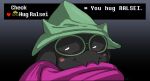  2021 ambiguous_gender anthro black_body blush bovid caprine clothing deltarune english_text eyewear gameplay_mechanics glasses goat green_clothing green_hat green_headwear hat headgear headwear littlenapoleon looking_at_viewer mammal ralsei round_glasses smile solo text undertale_(series) video_games 