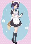  1girl :o alternate_costume animal_ear_fluff animal_ears apron aqua_nails aqua_ribbon asa_no_ha_(pattern) black_choker black_dress black_shoes black_socks blue_background blue_hair blush breasts cho_kaguya-hime! choker clipboard collared_dress colored_inner_hair commentary_request contrast_collar dot_nose dress enmaided forehead_jewel fox_ears fox_girl fox_tail frilled_apron frilled_dress frills full_body gem green_eyes head_tilt highres holding holding_clipboard holding_pen kneehighs looking_at_viewer maid maid_apron maid_headdress mary_janes medium_breasts multicolored_hair neck_ribbon parted_bangs parted_lips pen pink_background pleated_dress puffy_short_sleeves puffy_sleeves purple_hair red_gem ribbon s_r2o sakayori_iroha shoes short_hair short_sleeves sidelocks socks solo standing tail two-tone_background white_apron white_headdress white_wrist_cuffs wrist_cuffs 