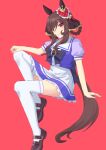  1girl absurdres animal_ears blush bow bowtie braid braided_hair_rings breasts brown_hair brown_shoes career_inada commentary_request ear_covers ear_ornament gentildonna_(umamusume) hair_between_eyes hair_ornament hair_rings heart-shaped_ornament heart_ear_ornament highres horse_ears horse_girl horse_tail invisible_chair large_breasts long_hair looking_at_viewer multiple_girls open_mouth puffy_short_sleeves puffy_sleeves purple_bow purple_bowtie purple_shirt red_background red_eyes sailor_collar sailor_shirt school_uniform shirt shoes short_sleeves simple_background sitting skirt smile solo tail thighhighs thighs tracen_school_uniform umamusume white_sailor_collar white_skirt white_thighhighs 