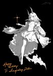  1girl absurdres arknights asic_(2595268715) black_background closed_mouth commentary_request dragon_girl dragon_horns dragon_tail dress fire flame-tipped_tail full_body greyscale happy_birthday high-low_dress highres horns long_hair monochrome multiple_horns reed_(arknights) reed_the_flame_shadow_(arknights) signature simple_background solo spot_color tail very_long_hair 