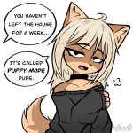 1:1 anthro blonde_hair canid canine canis clothed clothing collar dogfailureowo domestic_dog english_text female flat_chested hair hana_(dogfailureowo) mammal offscreen_character simple_background solo speech_bubble text white_background