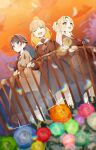  3girls :d ^_^ black_hair blonde_hair blue_flower brown_cardigan brown_dress cardigan closed_eyes commentary curtained_hair dress facing_viewer flower green_flower grey_flower half_updo hand_on_railing hasu_no_sanrenka hasu_no_sora_school_uniform highres hinoshita_kaho long_sleeves looking_ahead love_live! love_live!_hasu_no_sora_jogakuin_school_idol_club multiple_girls murano_sayaka neckerchief open_cardigan open_clothes open_mouth orange_flower orange_hair osawa_rurino outdoors pink_flower purple_flower ranunculus red_flower red_neckerchief sailor_collar sailor_dress school_uniform smile sparkle twintails two_side_up virtual_graduation_commemoration virtual_youtuber white_sailor_collar winter_uniform yellow_flower zen66574227 