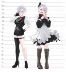  2girls :d absurdres apron belt belt_buckle black_belt black_dress black_gloves black_nails black_shoes black_shorts black_thighhighs black_vest boots bow brown_boots buckle butterfly_hair_ornament clothing_cutout collared_shirt commentary_request dress frilled_apron frills gloves grey_hair grey_vest grin hair_between_eyes hair_ornament hairclip half_gloves hand_on_own_hip hand_up high_heels highres knee_boots lace-up_boots long_hair long_sleeves looking_at_viewer multicolored_hair multiple_girls nail_polish o-ring o-ring_thigh_strap original pantyhose puffy_long_sleeves puffy_sleeves red_eyes red_hair rerrere shirt shoes short_hair short_shorts shorts shoulder_cutout simple_background skindentation smile standing steepled_fingers streaked_hair teeth thigh_strap thighhighs upper_teeth_only vest white_apron white_background white_bow white_pantyhose white_shirt 