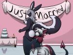 4:3 absurd_res anal anthro bat breasts butt cake candle cinnybun dessert duo female food furniture hi_res hybrid kiss_on_anus kiss_on_butt kissing lagomorph leporid male mammal married_couple mephitid nipples pink_wall rabbit sign skunk skunky_the_hybrid table tail verihlai wedding wedding_cake