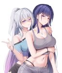  2girls absurdres black_shorts blue_shirt breasts chinese_commentary cleavage commentary_request diamond-shaped_pupils diamond_(shape) dolphin_shorts gradient_hair grey_shorts grey_tank_top hand_on_another's_shoulder high_ponytail highres honkai_(series) honkai_impact_3rd kiana_kaslana kiana_kaslana_(cramming) kiana_kaslana_(herrscher_of_finality) large_breasts long_hair medium_hair midriff multicolored_hair multiple_girls navel ponytail purple_eyes purple_hair raiden_mei raiden_mei_(apho) shirt shorts simple_background smile symbol-shaped_pupils tank_top two-tone_hair very_long_hair white_background white_hair ying_ling yuri 