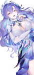  1girl arm_under_breasts blue_eyes blue_flower blue_hair cantarella_(wuthering_waves) colored_inner_hair commentary_request dress earrings flower hair_between_eyes hair_flower hair_ornament headdress highres jewelry kado_51 long_hair looking_at_viewer multicolored_hair open_mouth purple_hair smile solo white_dress wuthering_waves 
