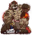  4_toes 5_fingers abs absurd_res anthro armpit_hair biceps body_hair bottomwear car city city_destruction claws clothing coolbearwulf cracked_ground destruction extreme_size_difference feet finger_claws fingers fire fist graffyeen gunfire hand_on_vehicle hi_res hyaenid imminent_death jewelry kneeling larger_anthro larger_male loincloth macro male mammal muscular muscular_anthro muscular_male necklace pecs police_car police_officer size_difference solo toe_claws toes tusks vehicle veiny_muscles 