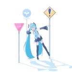  1girl ahoge black_boots black_skirt black_sleeves blue_hair blue_necktie blue_trim blush boots closed_eyes collared_shirt commentary detached_sleeves frilled_shirt frills full_body grey_shirt hair_between_eyes hair_ornament hatsune_miku highres holding holding_road_sign long_hair miniskirt necktie open_mouth pleated_skirt road_sign salute shadow shirt sidelocks sign simple_background skirt sleeveless sleeveless_shirt smile solo standing teeth thigh_boots tie_clip translation_request twintails twitter_username untucked_shirt upper_teeth_only very_long_hair vocaloid white_background wide_sleeves wing_collar yotsuba_(clover3hachimitu) zettai_ryouiki 