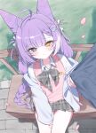  1girl ahoge aoumi_art bench between_legs blue_eyes bow bowtie braid cherry_blossoms closed_mouth collarbone collared_shirt commentary cone_hair_bun double_bun fang from_above grass grey_bow grey_bowtie grey_skirt hair_bun hair_ornament hair_ribbon hair_rings hand_between_own_legs heterochromia highres jacket jacket_partially_removed long_hair long_sleeves looking_at_viewer low_twin_braids on_bench outdoors pink_sweater_vest plaid_bow plaid_bowtie plaid_clothes plaid_skirt pleated_skirt purple_hair ribbon shirt sitting skirt solo stellive sweater_vest tenko_shibuki twin_braids untranslatable_commentary very_long_hair virtual_youtuber white_jacket white_ribbon white_shirt x_hair_ornament yellow_eyes 