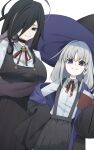  2girls 966_kururu_966 black_choker black_eyes black_hair blue_archive braid breasts choker commentary_request dress eri_(blue_archive) hair_over_one_eye hat highres kanoe_(blue_archive) large_breasts large_hands long_hair looking_at_viewer missing_halo multiple_girls pinafore_dress prototype_design shirt side_braid skirt sleeveless sleeveless_dress smile suspender_skirt suspenders two-sided_fabric two-sided_headwear white_background white_shirt witch_hat 