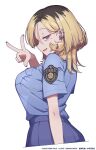  1girl bismuth_(paravene) black_nails blonde_hair blue_shirt blue_skirt breasts ear_piercing earrings from_side fushimi_itsuka highres jewelry large_breasts looking_at_viewer medium_hair mole mole_under_eye multicolored_hair open_mouth original piercing pleated_skirt police police_uniform policewoman red_eyes shirt shirt_tucked_in short_sleeves simple_background skirt smile solo tented_shirt two-tone_hair v white_background 