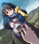  1girl 1other :t armor black_hair blue_dress blue_hat blue_sky blurry blurry_foreground coat commentary_request day dress dutch_angle eating eyes_visible_through_hair floating food food_on_face hair_between_eyes hat highres holding holding_food hugging_own_legs iizunamaru_megumu incoming_gift knees_up long_hair looking_at_viewer mountainous_horizon onigiri outdoors outstretched_arm pauldrons pov pov_hands puffy_cheeks red_eyes ribbon-trimmed_sleeves ribbon_trim short_sleeves shoulder_armor shoulder_guard single_pauldron sky sleeveless sleeveless_coat smile split_mouth surcoat syope tengu tokin_hat touhou 