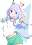  1girl animal_ears blue_background blush breasts commentary green_shorts gym_shirt gym_uniform highres horse_ears horse_girl horse_tail long_hair looking_at_viewer mejiro_mcqueen_(umamusume) navel okitarou_(okiyo) open_mouth purple_eyes purple_hair shirt short_sleeves shorts smile solo tail umamusume white_background white_shirt 