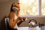  3d_(artwork) anthro beverage canid canine canis diffident_hexagon digital_media_(artwork) eviemuller female hi_res mammal realistic solo tea wolf 