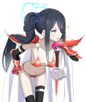  1girl alternate_costume aris_(blue_archive) arm_guards armor ass_visible_through_thighs bikini_armor black_gloves black_hair black_thighhighs blue_archive blue_bow blue_eyes blush bow breasts cape collarbone cowboy_shot donutman elbow_gloves elizabeth_bathory_(brave)_(fate) elizabeth_bathory_(fate) fate/grand_order fate_(series) gloves greaves hair_between_eyes hair_bow halo highres holding holding_sword holding_weapon huge_weapon leaning_forward long_hair navel oversized_breast_cup parted_lips pauldrons ponytail red_armor shoulder_armor sidelocks silver_trim simple_background small_breasts solo sweatdrop sword thighhighs v-shaped_eyebrows very_long_hair weapon white_background white_cape 