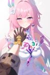  2girls absurdres bare_shoulders black_gloves breasts cyrene_(demiurge)_(honkai:_star_rail) cyrene_(honkai:_star_rail) diamond-shaped_pupils diamond_(shape) dress earrings female_pov flower gloves hair_flower hair_ornament highres honkai:_star_rail honkai_(series) jewelry large_breasts long_hair looking_at_viewer multiple_girls narumiru pink_hair pointy_ears pov pov_hands purple_eyes simple_background smile symbol-shaped_pupils very_long_hair white_background white_dress 