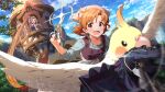  2girls animal bird card_commentary commentary_request day dress emphasis_lines flying game_asset headscarf holding holding_scissors idolmaster idolmaster_million_live! idolmaster_million_live!_theater_days multiple_girls nikaido_chizuru official_art open_mouth orange_hair outdoors oversized_animal parakeet scissors short_hair sideways_glance third-party_source tower unworn_dress v-shaped_eyebrows yabuki_kana yellow_eyes 