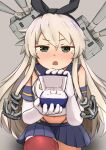  1girl absurdres anchor_hair_ornament animal_ear_hairband animal_ears black_hairband black_panties blonde_hair blue_sailor_collar blue_skirt blush commentary_request double-parted_bangs elbow_gloves fake_animal_ears gloves grey_background grey_eyes hair_between_eyes hair_ornament hairband haruno_plum highleg highleg_panties highres jewelry kantai_collection kneeling long_hair long_sidelocks looking_at_viewer marriage_proposal microskirt midriff navel open_mouth panties pleated_skirt rabbit_ear_hairband rabbit_ears red_thighhighs rensouhou-chan ring ring_box sailor_collar shimakaze_(kancolle) shirt sidelocks skirt sleeveless sleeveless_shirt solo thighhighs underwear very_long_hair white_gloves white_shirt 