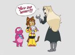 1girl 3boys animal_ears black_coat black_pants blonde_hair blue_necktie cat_ears cat_girl cat_tail coat dinosaur_boy dinosaur_tail dress dusk_(gameoverse) english_text gameoverse gloves gobbles_(gameoverse) grey_background grey_gloves highres kaboodle_(gameoverse) kit_(gameoverse) long_hair multiple_boys necktie one-eyed open_mouth pants pink_scales pointy_ears pouletpourri purple_eyes red_eyes sweatdrop tail teeth upper_teeth_only very_long_hair yellow_dress yellow_gauntlets 
