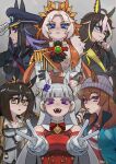  6+girls absurdres ahoge animal_ears armband ascot beanie black_ascot black_coat black_gloves black_hair black_jacket blue_coat blue_eyes blunt_bangs bow breasts brown_eyes brown_hair brown_hat candy closed_mouth coat collared_shirt commentary dice dice_necklace dice_pendant double_v dream_journey_(reminder_of_dreamland)_(umamusume) dream_journey_(umamusume) dress ear_bow ear_covers ear_ribbon ears_through_headwear english_commentary epaulettes fenomeno_(black_flames_of_the_righteous_spirit)_(umamusume) fenomeno_(umamusume) fingerless_gloves flipped_hair food food_in_mouth gem glasses gloves goggles goggles_around_neck gold_ship_(red_strife)_(umamusume) gold_ship_(umamusume) green_gem grey_hair grey_hat hair_between_eyes hat highres horse_ears horse_girl horseshoe_hat_ornament horseshoe_ornament jacket jewelry lollipop lollipop_in_mouth long_hair long_sleeves medium_breasts mu_(qquwee) multicolored_hair multiple_girls nakayama_festa_(shichuukyuukatsu)_(umamusume) nakayama_festa_(umamusume) necklace open_mouth orange_hair orfevre_(control)_(umamusume) orfevre_(umamusume) peaked_cap pillbox_hat purple_eyes purple_hair red_bow red_dress red_shirt shirt single_ear_cover sleeveless sleeveless_dress smile stay_gold_(sunlit_outsider)_(umamusume) stay_gold_(umamusume) stay_gold_clan_(umamusume) striped_armband striped_clothes striped_shirt teeth two-tone_hair umamusume v white_gloves white_hair white_jacket white_shirt yellow_coat 