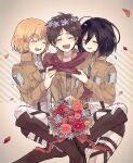  1girl 2boys ^_^ aizawa_mota armin_arlert black_hair blonde_hair blush boots brown_hair closed_eyes eren_yeager flower happy highres mikasa_ackerman multiple_boys open_mouth paradis_military_uniform petals ribbon scarf shingeki_no_kyojin short_hair smile survey_corps_(emblem) uniform 