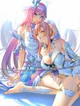  2girls aemeath_(wuthering_waves) ahoge bare_shoulders barefoot breasts closed_mouth commentary_request covered_navel crossover cyrene_(demiurge)_(honkai:_star_rail) cyrene_(honkai:_star_rail) diamond-shaped_pupils diamond_(shape) dress elbow_gloves flower gloves hair_flower hair_ornament highres hitpig honkai:_star_rail honkai_(series) large_breasts leotard long_hair looking_at_viewer multiple_girls nail_polish orange_eyes parted_lips pink_hair pink_nails pointy_ears purple_eyes purple_flower purple_rose rose sidelocks smile star-shaped_pupils star_(symbol) strapless strapless_leotard symbol-shaped_pupils tacet_mark_(wuthering_waves) white_dress white_gloves white_leotard wuthering_waves 