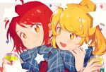  2girls :d aahaha_(ydasige11) adjusting_scarf ahoge bad_id bad_twitter_id blonde_hair blue_scarf can closed_mouth commentary drink_can flipped_bangs grey_background hair_bun hair_ornament hand_up hands_up heads_together high_ponytail holding holding_can kano_misora letterboxed light_blush long_hair long_sleeves looking_to_the_side multiple_girls open_mouth otsuki_aruru outside_border parted_bangs ponytail portrait red_hair red_shirt scarf shared_clothes shared_scarf shirt short_hair shoujo_kageki_revue_starlight shoujo_kageki_revue_starlight_-re_live- single_side_bun smile soda_can star_(symbol) star_hair_ornament star_symbol_background white_shirt yellow_eyes 