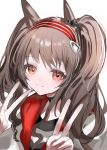  1girl absurdres angelina_(arknights) animal_ears arknights black_collar brown_hair collar commentary double_v fox_ears fox_girl hairband highres horobu infection_monitor_(arknights) long_fingers long_hair looking_at_viewer multicolored_hairband red_eyes red_hairband simple_background smile solo striped_clothes striped_hairband twintails two-tone_hairband upper_body v white_background 