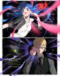  1boy 1girl black_jacket black_necktie black_vest blonde_hair blue_eyes blue_hair collared_shirt commentary earrings felix_(miraculous_ladybug) green_eyes grey_shirt henshin_pose highres jacket jewelry long_hair marinette_dupain-cheng miraculous_ladybug necktie plagg_(miraculous_ladybug) ring seio_(nao_miragggcc45) shirt tikki_(miraculous_ladybug) twintails twitter_username vest watermark white_shirt 