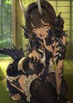  1girl absurdres au_ra black_choker black_hair black_scales black_thighhighs choker demon_horns dragon_horns dragon_tail final_fantasy final_fantasy_xiv finger_to_mouth fingerless_gloves gloves hide_(hideout) highres horns indoors kneeling long_hair looking_at_viewer open-toe_shoes solo tail thighhighs warrior_of_light_(ff14) yellow_eyes 