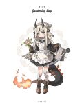  1girl aged_down alternate_costume apron aqua_eyes arknights artist_name black_dress blonde_hair blush boots bouquet brown_boots character_name closed_mouth dot_mouth dragon_horns dragon_tail dress enmaided fire flame-tipped_tail floral_print_headwear flower frilled_apron frills full_body gauze_on_knee hair_flower hair_ornament highres holding holding_bouquet holding_watering_can horns long_hair long_sleeves looking_at_viewer maid maid_apron multiple_horns ppxdq puffy_long_sleeves puffy_sleeves purple_flower reed_(arknights) reed_(young)_(arknights) sidelocks slit_pupils socks solo tail very_long_hair watering_can white_apron white_background white_flower white_socks yellow_flower 