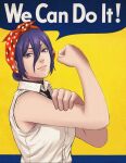  1girl amo_mhm bandana black_choker chainsaw_man choker clenched_hand closed_mouth english_text flexing hair_between_eyes hand_on_own_arm highres looking_at_viewer polka_dot_bandana poster_parody purple_eyes purple_hair red_bandana reze_(chainsaw_man) shirt sleeveless sleeveless_shirt solo speech_bubble we_can_do_it! white_shirt 