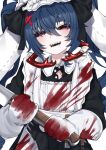  1girl absurdres animal_ears apron black_dress blood blood_on_clothes blue_hair commentary dress english_commentary gloves hair_between_eyes hair_ornament highres holding holding_weapon indie_virtual_youtuber long_hair long_sleeves looking_at_viewer maid maid_apron maid_headdress open_mouth para_(vtuber) rabbit_ears red_eyes sharp_teeth simple_background smile solo teeth twintails valefal_coneri variant_set virtual_youtuber weapon white_apron white_background white_gloves x_hair_ornament 