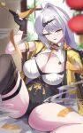  1girl absurdres ahoge asymmetrical_gloves black_gloves black_thighhighs black_unitard blush breasts cleavage commentary_request elbow_gloves fingerless_gloves gloves hair_ornament highres holding jacket large_breasts long_hair looking_at_another looking_at_viewer mole mole_on_breast mole_on_chest nanatuma_nazuna ofuda shorts single_elbow_glove single_hair_intake single_thighhigh sitting smoke smoking_pipe solo spread_legs thigh_strap thighhighs thighs white_hair yellow_eyes yellow_jacket yin_yang_pin yixuan_(zenless_zone_zero) zenless_zone_zero 