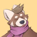  1:1 2019 ailurid anthro brown_body brown_fur brown_hair eyes_closed fur fur_markings hair low_res male mammal markings minedoo minedoo_(character) pink_scarf red_panda scarf simple_background solo tongue tongue_out white_body white_fur yellow_background 