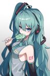  1girl absurdres ahoge aqua_hair aqua_nails aqua_necktie aqua_trim arm_at_side black_sleeves blue_eyes blush breasts candy collared_shirt commentary detached_sleeves food from_side gradient_background grey_background grey_shirt hair_between_eyes hair_ornament hatsune_miku headphones highres holding holding_candy holding_food holding_lollipop lollipop long_hair looking_at_viewer magarikado_(mgrkd) medium_breasts nail_polish necktie one_side_up shirt sideboob sidelocks simple_background sleeveless sleeveless_shirt solo swirl_lollipop tattoo tie_clip turning_head twintails untucked_shirt upper_body very_long_hair vocaloid wavy_hair white_background wing_collar 