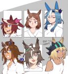  6+girls :d ;d admire_groove_(umamusume) ahoge animal_ears babbitt_(racehorse) beanie blonde_hair blue_eyes blue_hair blue_ribbon brown_hair closed_mouth colored_inner_animal_ears commentary dlanon ear_ornament ears_through_headwear english_commentary epiphaneia_(umamusume) fang grin hair_over_one_eye hair_ribbon hat horse_ears horse_girl long_hair looking_at_viewer multicolored_hair multiple_girls one_eye_closed original ponytail purple_eyes ribbon rulership_(umamusume) shirt short_hair skin_fang smile streaked_hair tank_top tokai_teio_(umamusume) tsurumaru_tsuyoshi_(umamusume) umamusume white_shirt white_streaks white_tank_top 