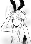  1girl absurdres animal_ear_hairband animal_ears blush breasts collarbone commentary_request convenient_hair double-parted_bangs fake_animal_ears greyscale hair_between_eyes hairband hand_up haruno_plum highres kantai_collection lineart long_hair long_sidelocks looking_at_viewer monochrome nipples nude open_mouth rabbit_ear_hairband rabbit_ears shimakaze_(kancolle) showering sidelocks simple_background sketch small_breasts solo teeth upper_teeth_only very_long_hair 