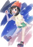  1girl 3q_vbp_poke :d black_hair black_shoes blue_eyes bob_cut commentary_request english_commentary green_shorts hat highres holding holding_poke_ball looking_at_viewer mixed-language_commentary open_mouth poke_ball poke_ball_(basic) pokemon pokemon_sun_and_moon red_hat selene_(pokemon) shirt shoes short_hair short_sleeves shorts smile solo teeth tied_shirt upper_teeth_only yellow_shirt 