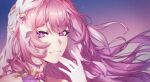  1girl absurdres bare_shoulders commentary diamond-shaped_pupils diamond_(shape) elf elysia_(herrscher_of_human:_ego)_(honkai_impact) elysia_(honkai_impact) english_commentary hair_ornament highres honkai_(series) honkai_impact_3rd long_hair pink_hair pointy_ears portrait purple_eyes purple_sky sky smile solo symbol-shaped_pupils triquetra zbules13 