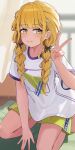  1girl absurdres bare_legs black_ribbon blonde_hair blurry blurry_background blush braid commentary fingernails fujita_kotone gakuen_idolmaster hair_ribbon highres idolmaster jtmika kneeling light_smile long_hair looking_at_viewer ribbon shirt short_sleeves shorts solo t-shirt twin_braids v white_background yellow_shorts 