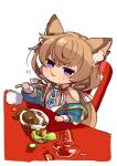  1girl brown_hair character_request closed_mouth cup eating food highres long_hair mota simple_background solo white_background 