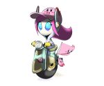  1girl baseball_cap blue_eyes character_hat charm_(object) flag foob_(fb_hm) gloves hat kirby kirby_(series) kirby_air_ride kirby_air_riders pink_hair rayman_limbs riding simple_background susie_(kirby) wheelie_scooter white_background yellow_gloves 