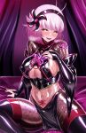  1girl alternate_costume blush breasts bridal_gauntlets choukou_(alicesoft) choukou_taisen_escalation_heroines clothing_cutout commentary_request corruption covered_nipples dark_persona detached_sleeves fishnet_pantyhose fishnets gradient_hair hair_ornament hairband heart heart-shaped_pupils highres hyper_hetappi large_breasts latex looking_at_viewer medium_hair multicolored_hair navel open_mouth pantyhose pelvic_curtain pink_hair pubic_tattoo shihoudou_chiruka shiny_clothes short_hair sitting smile solo sweat symbol-shaped_pupils tattoo thighhighs thighhighs_over_pantyhose yellow_eyes 