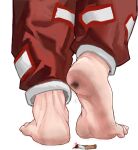  1girl absurdres barefoot cigarette cigarette_burn cigarette_butt close-up commentary_request dirty dirty_feet feet feet_only foot_focus from_behind fujiwara_no_mokou highres jager ofuda ofuda_on_clothes pants plantar_flexion red_pants simple_background smoke soles solo toes touhou white_background 
