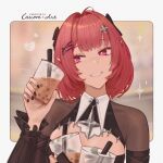  1girl artist_name black_bow black_shrug border bow breasts bubble_tea commentary cup disposable_cup english_commentary hair_bow hair_ornament hairclip highres holding holding_cup karkovb152 large_breasts medium_hair multiple_hair_bows pink_hair pointy_ears purple_eyes remielle_dan shrug_(clothing) smile solo upper_body white_border zenless_zone_zero 