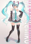  1girl aqua_eyes aqua_hair aqua_nails aqua_trim arm_at_side black_skirt blush boots breasts character_name collared_shirt commentary detached_sleeves full_body grey_background hair_ornament hand_on_own_hip hatsune_miku headphones headset high_heel_boots high_heels highres long_hair long_sleeves looking_at_viewer medium_breasts miniskirt nail_polish necktie number_tattoo pleated_skirt sg-003 shiny_clothes shirt sidelocks simple_background skirt sleeveless sleeveless_shirt smile solo standing tattoo thigh_boots twintails untucked_shirt very_long_hair vocaloid white_shirt wide_sleeves wing_collar zettai_ryouiki 