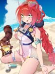  1girl bare_legs barefoot beach blue_sky blush bracelet braid braided_twintails breasts camera camera_around_neck cleavage cloud commentary_request day dress_swimsuit eyewear_on_head gradient-tinted_eyewear green_eyes hair_ornament hearing_aid heart heart-shaped_eyewear highres horizon jewelry kamanosuke_(zenless_zone_zero) long_hair looking_at_viewer medium_breasts ocean official_alternate_costume one-piece_swimsuit open_mouth outdoors pink_one-piece_swimsuit red_hair sand shore sitting sky smile solo sphere_hair_ornament swimsuit tanuki thigh_strap tinted_eyewear twintails two-tone_one-piece_swimsuit ukinami_yuzuha ukinami_yuzuha_(tanuki_in_broad_daylight) very_long_hair wariza water water_gun white_one-piece_swimsuit yuri_(sstc0315) zenless_zone_zero 